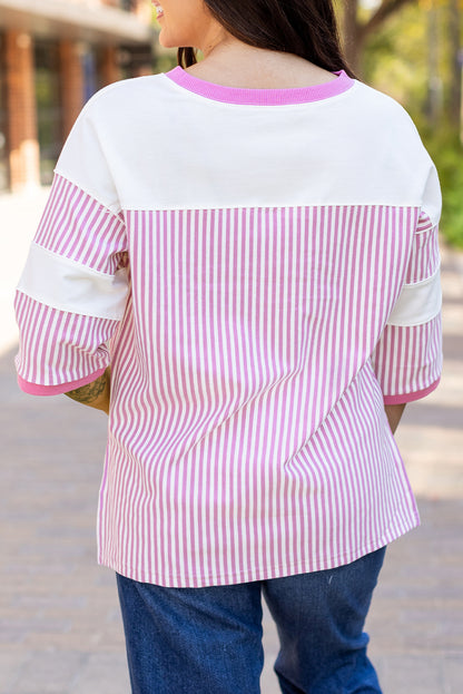 Striped Patchwork 3/4 Sleeve Casual Top | Phalaenopsis