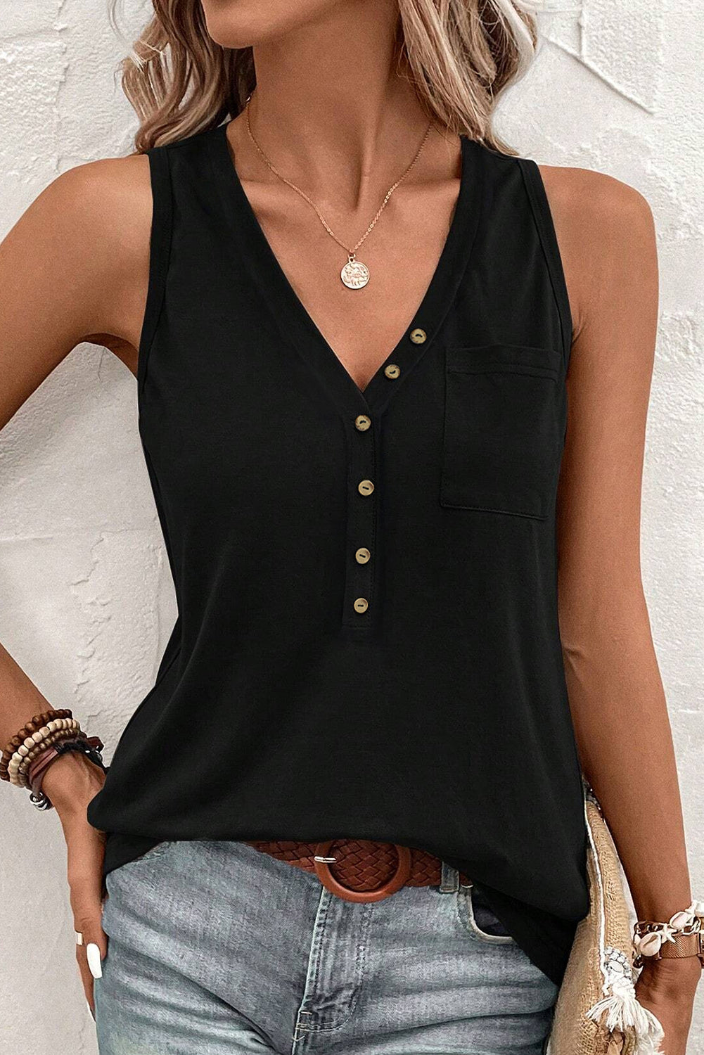 Half Button V Neck Patched Pocket Tank Top | Black