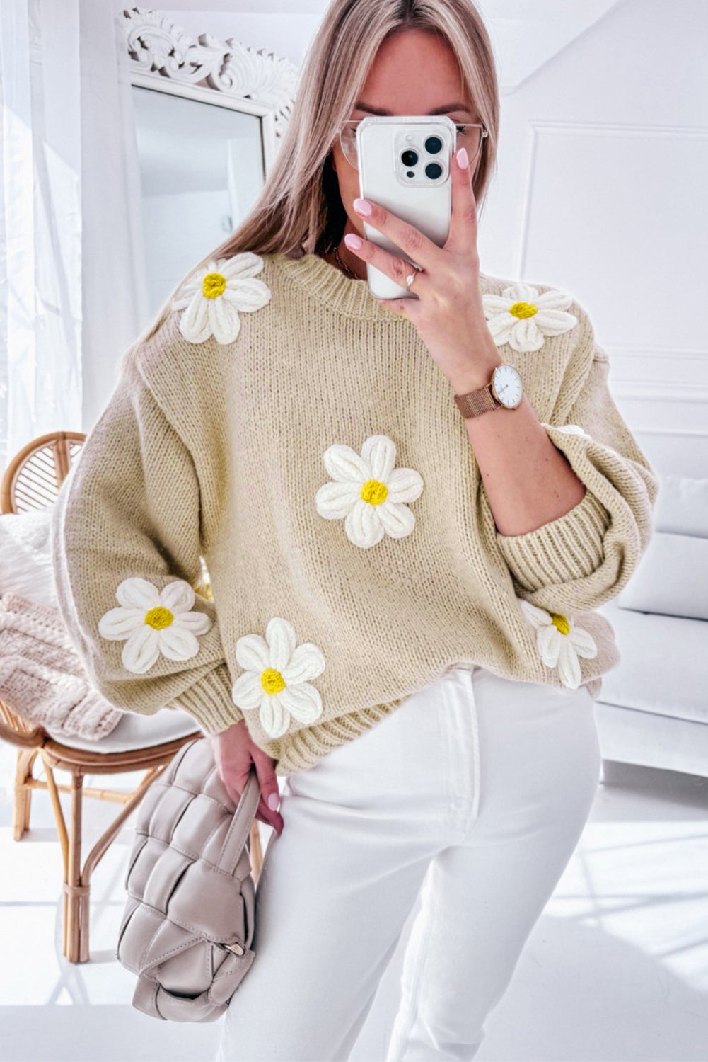 Floral Crochet Chunky Knit Sweater | Parchment