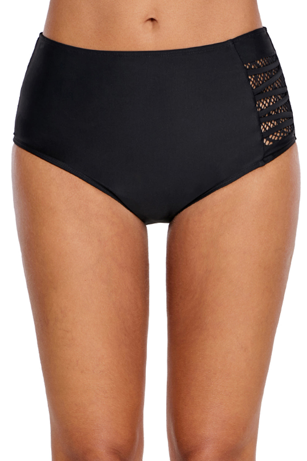 Black Strappy Lace Panel Aside Swim Bottom