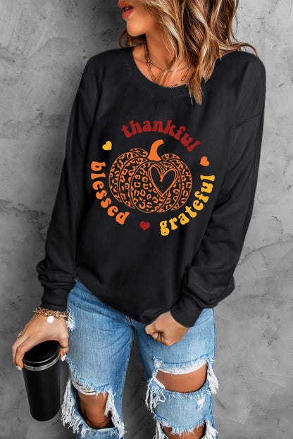 Leopard Pumpkin Thankful Blessed Grateful Print Sweatshirt | Black