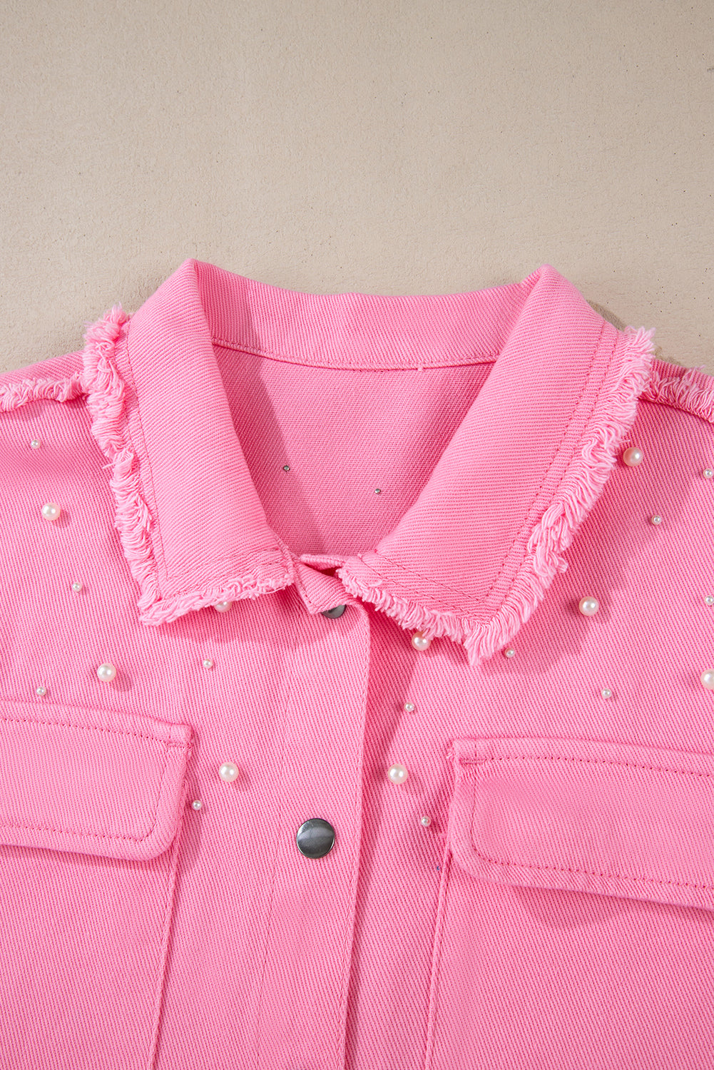 Pearl Beaded Raw Hem Button Up Denim Jacket | Bonbon