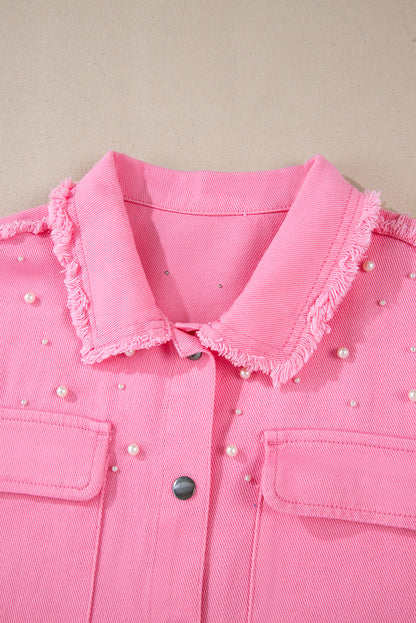 Pearl Beaded Raw Hem Button Up Denim Jacket | Bonbon