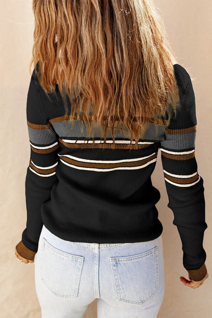 Rib Knitted Stripe Detail Henley Sweater | Black