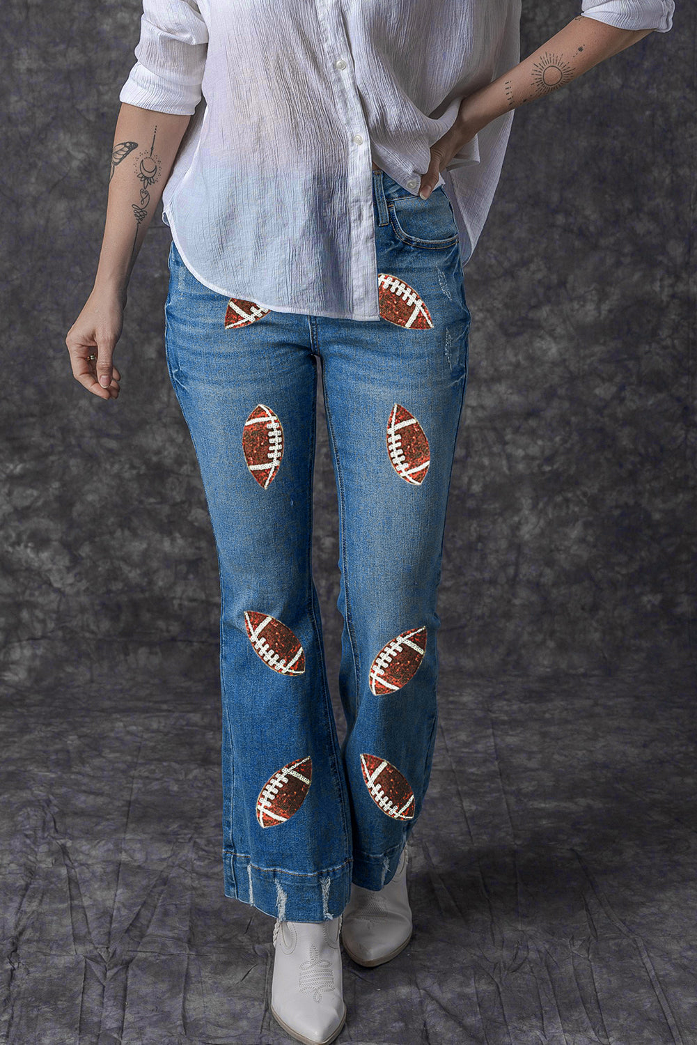 Sequin Rugby Football Pattern High Waist Distressed Flare Jeans | Sky Blue