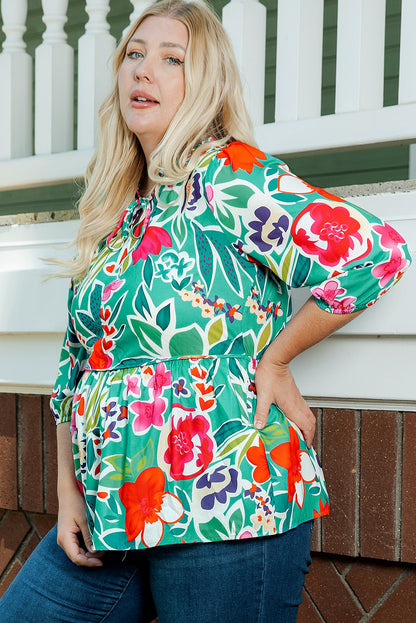 Floral Tie Split Neck Plus Size Peplum Blouse | Multicolour