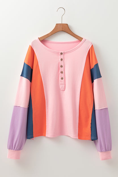 Colourblock Long Sleeve Buttons Henley Top | Pink