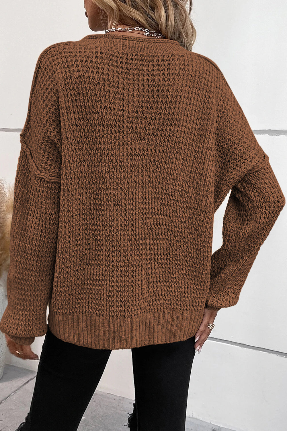 Pointelle Knit Button V Neck Drop Shoulder Sweater | Coffee