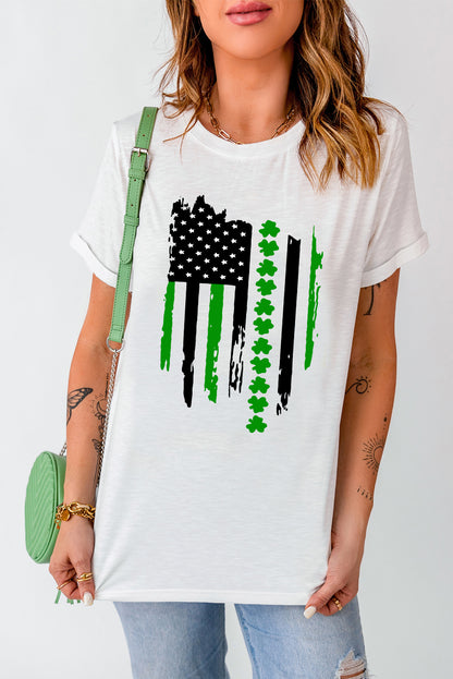 St. Patricks Clover American Flag Print Crewneck Tee | White