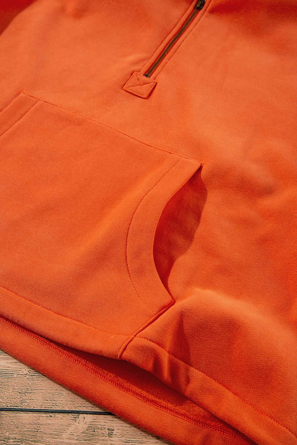 Fleece Lined Half Zipper Kangaroo Pockets Loose Hoodie | Orange