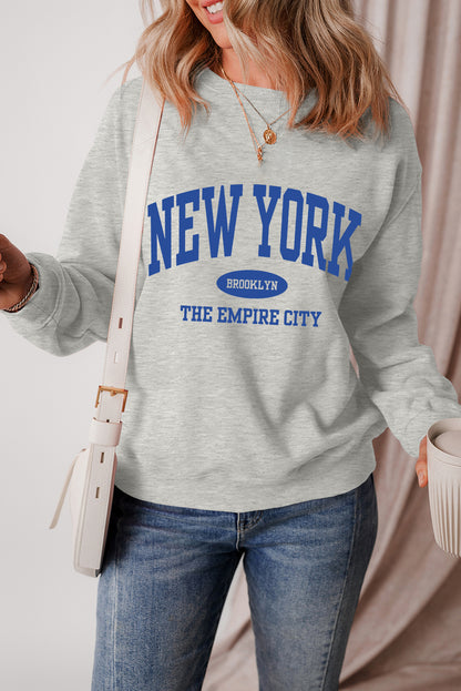 New York Letter Printed Round Neck Pullover Sweatshirt | Gray