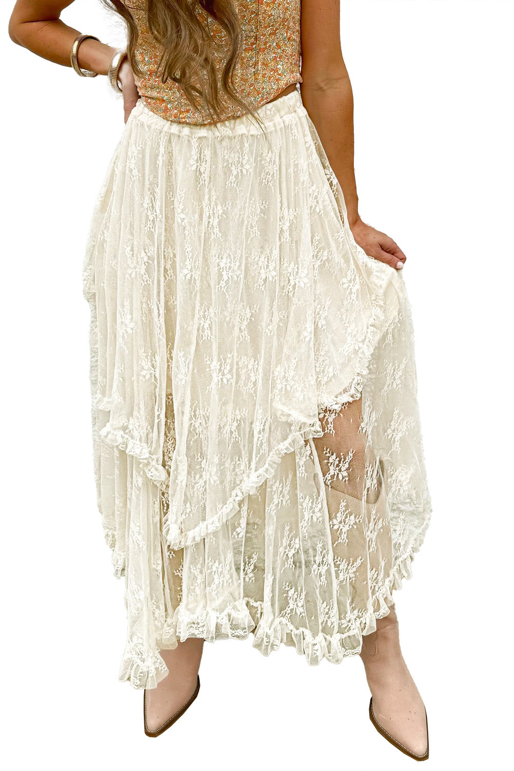 Lace Cascading Tiered High Waist Maxi Skirt | Beige