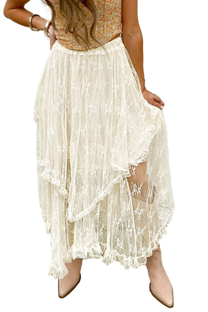 Lace Cascading Tiered High Waist Maxi Skirt | Beige