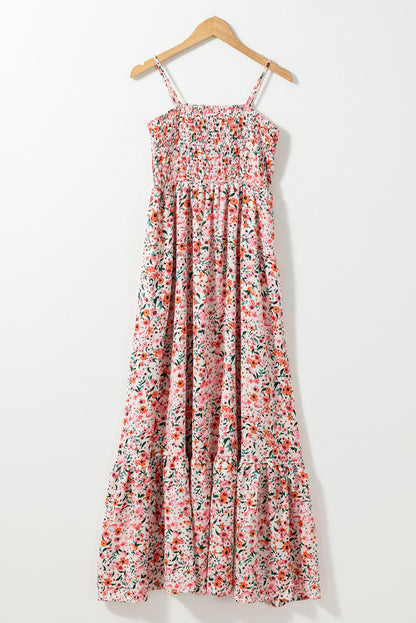 Boho Floral Smocked Ruffled Maxi Dress | White