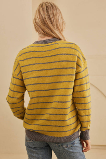 Daisy Floral Knitted Round Neck Sweater | Yellow Stripe