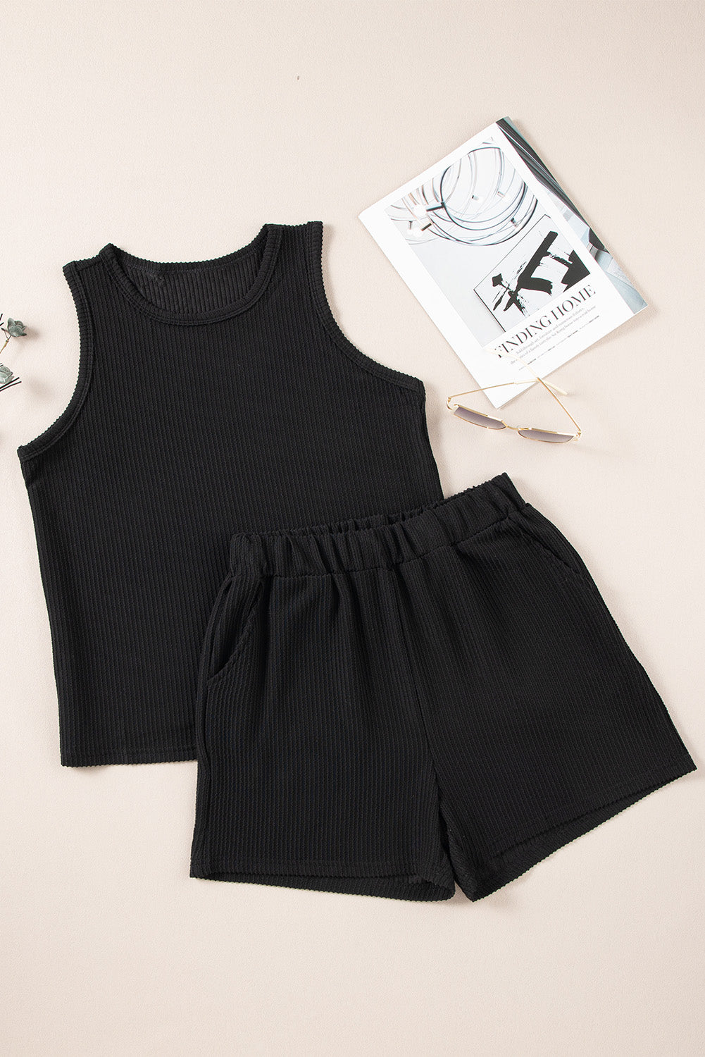 Corded Sleeveless Top And Pocketed Shorts Set | Black