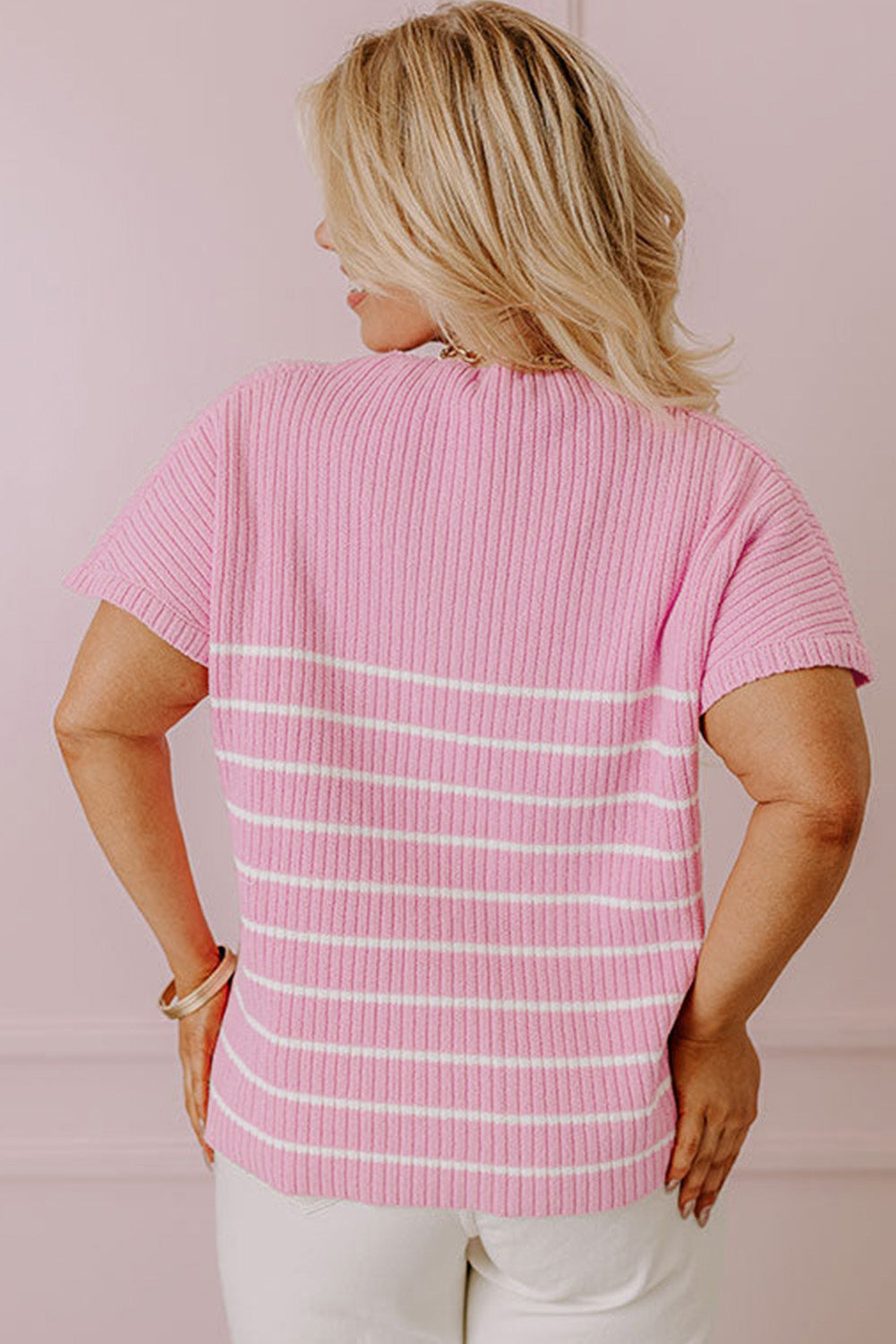 Ribbed Loose Plus T Shirt | Pink Stripe