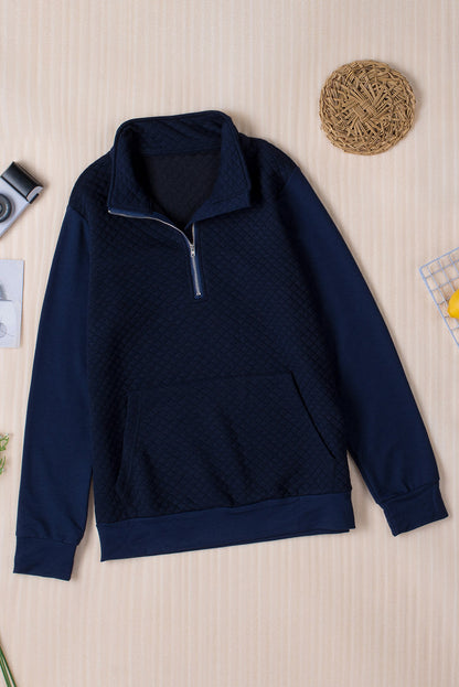 Navy Stand Neck Waffle Zip Up Sweatshirt | Blue