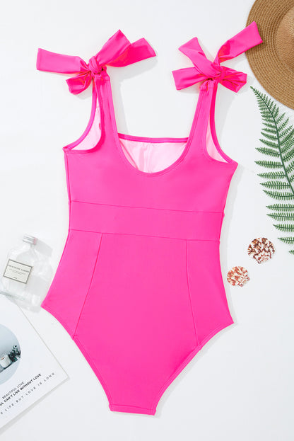 Square Neck Knotted Shoulder Open Back One Piece Swimsuit | Rose Red