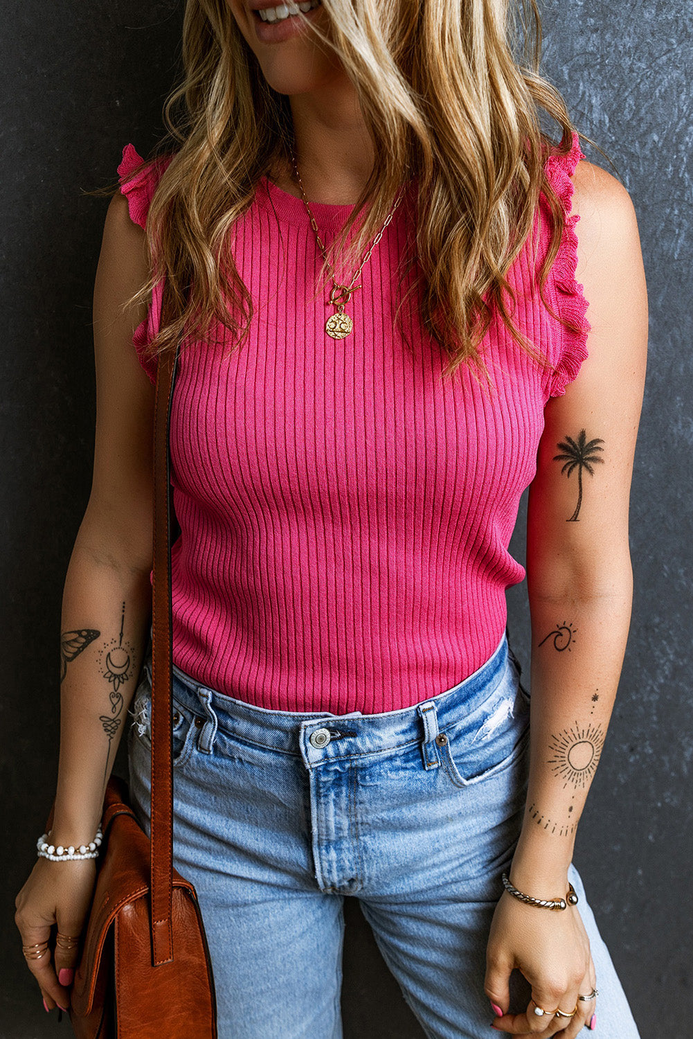 Ribbed Ruffled Sweater Tank | Bright Pink