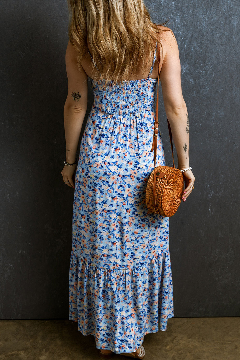 Floral Print Ruffled Ruched Maxi Dress | Sky Blue