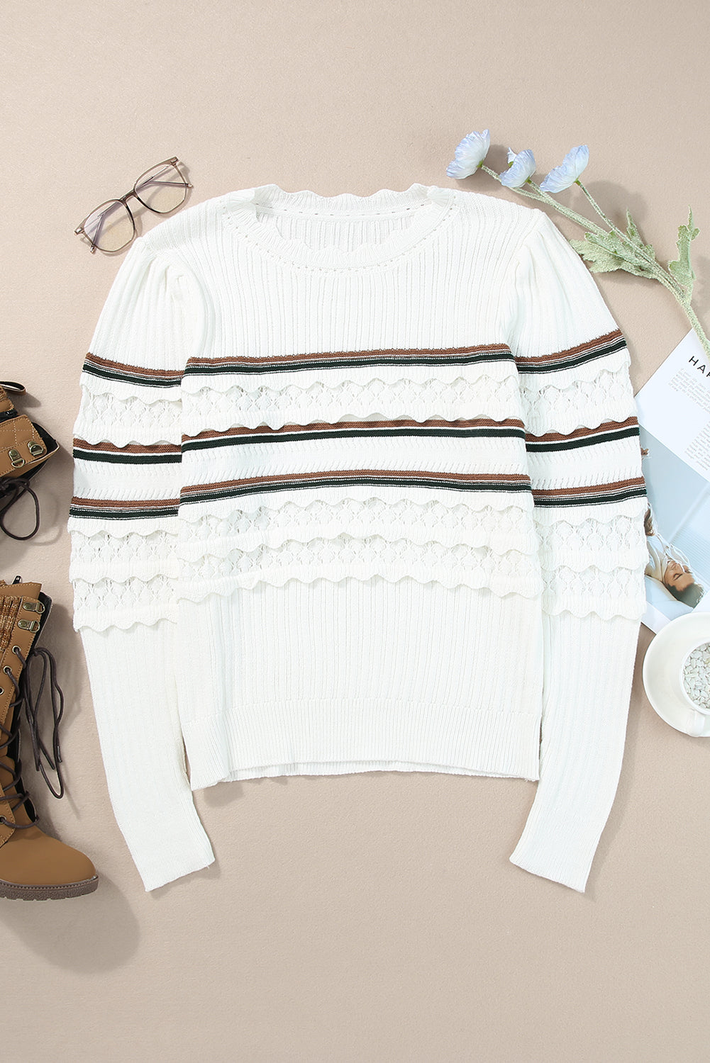 Striped Ribbed Scalloped Detail Knit Sweater | White