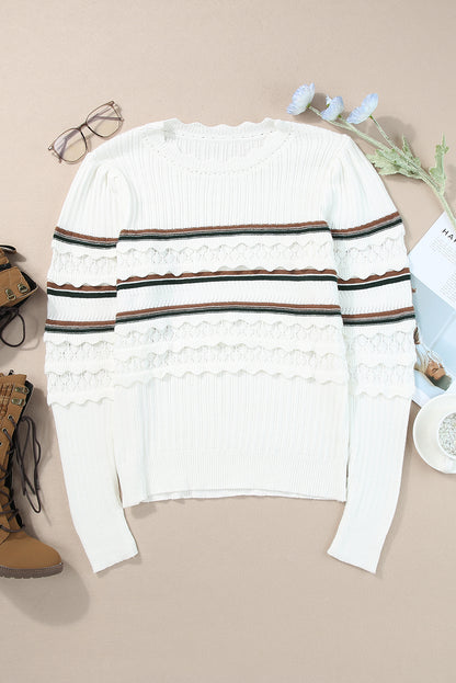 Striped Ribbed Scalloped Detail Knit Sweater | White