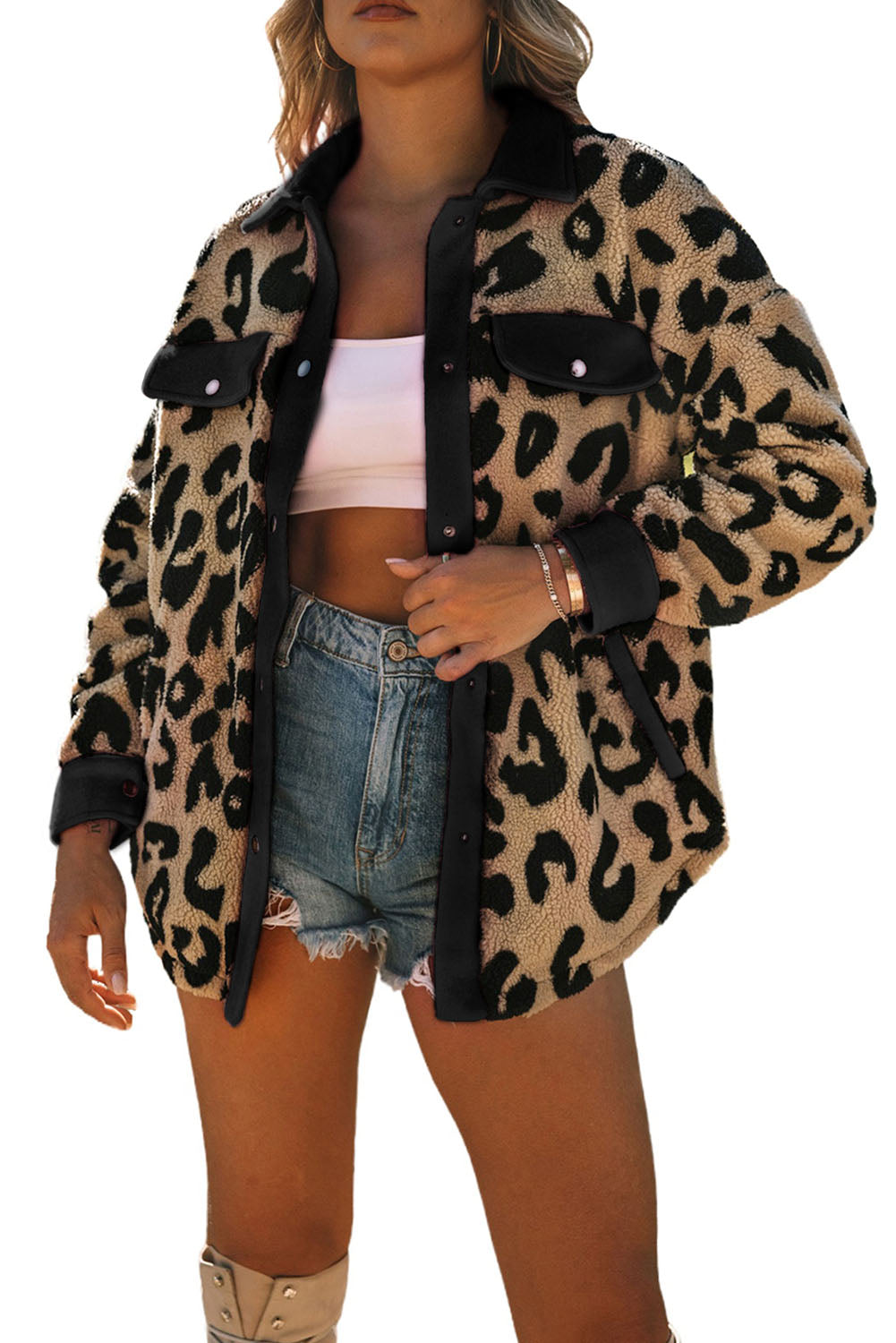 Contrast Trimmed Leopard Teddy Shacket | Black