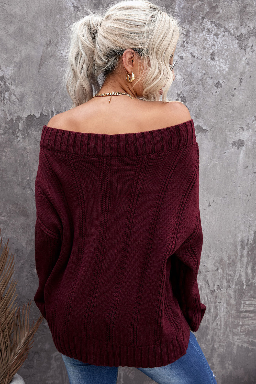 Wine Off The Shoulder Winter Sweater | Red