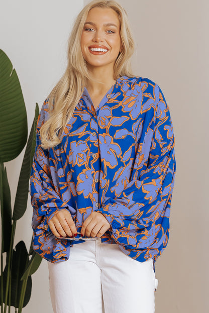 Floral Print Batwing Sleeve Buttoned Loose Fit Shirt | Blue