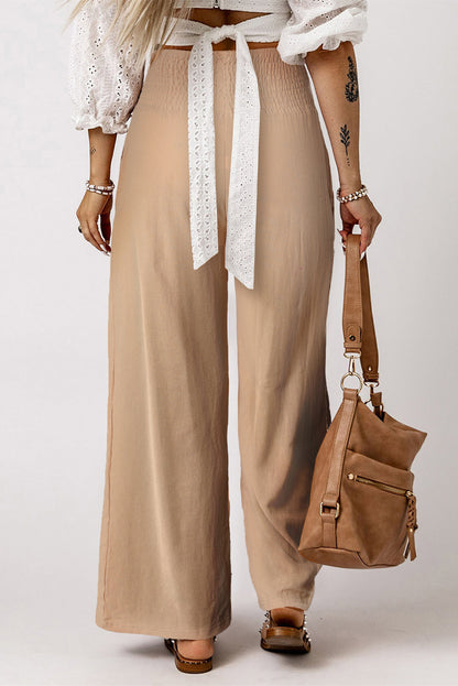 Smocked Wide Waistband High Waist Wide Leg Pants | Khaki