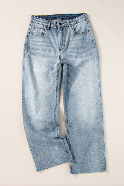 Acid Wash Raw Edge Straight Jeans | Light Blue