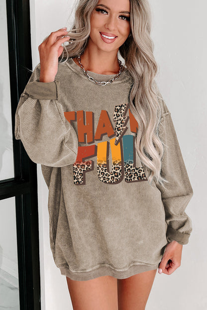 Leopard Thankful Graphic Corded Thanksgiving Sweatshirt | Khaki