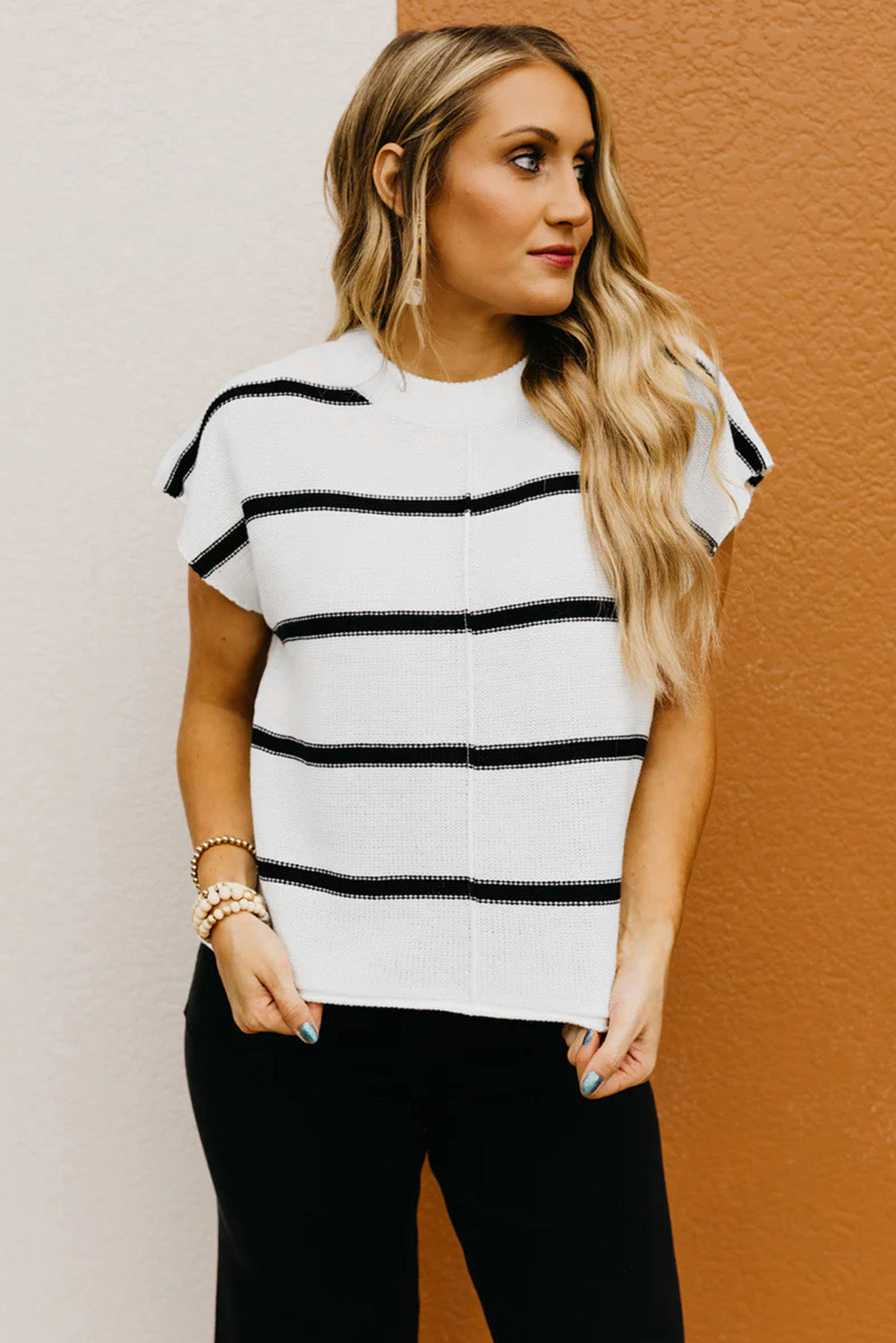 Striped Batwing Sleeve Sweater Tee | White