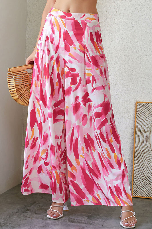 Rose Boho Abstract Floral Print Wide Leg Pants