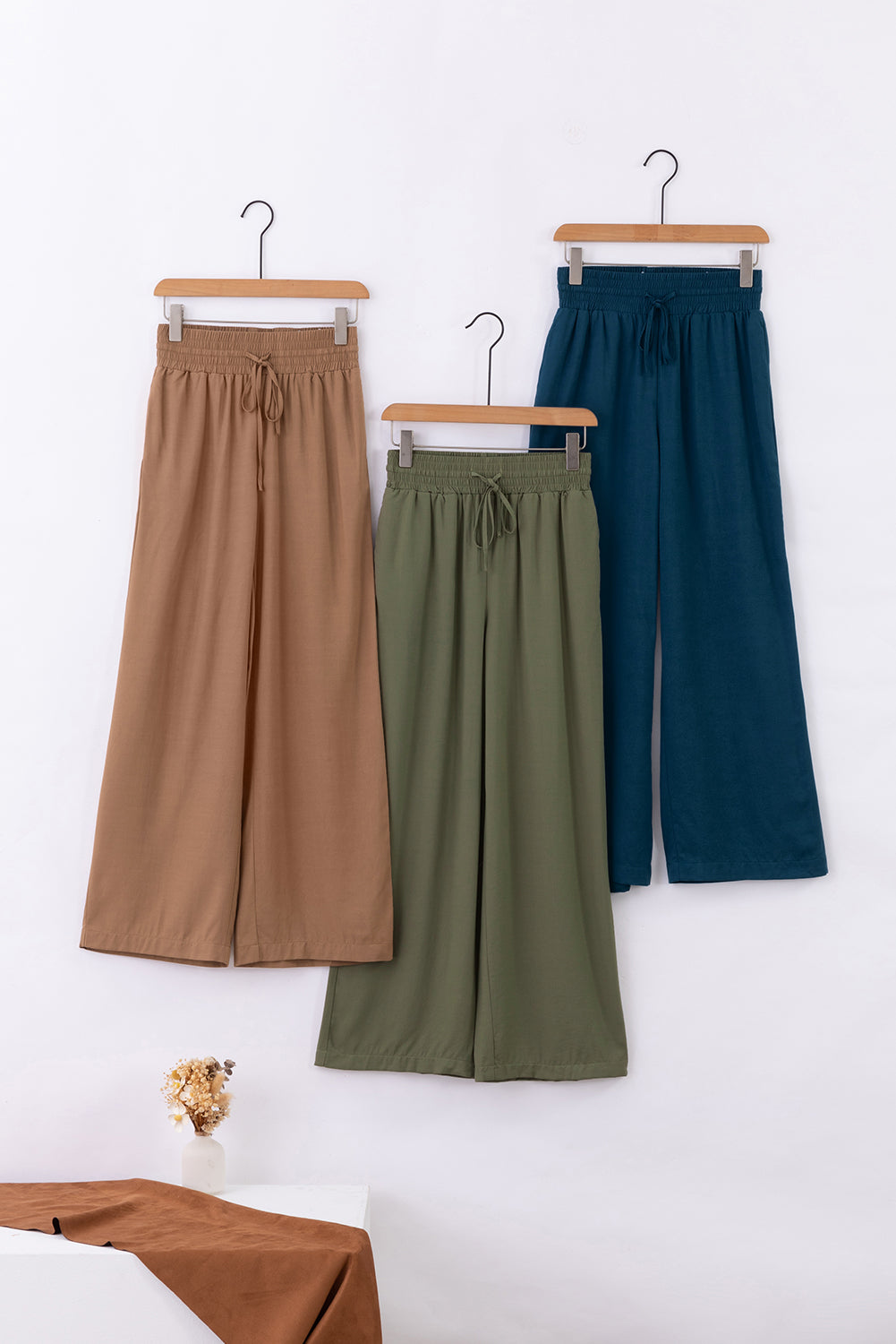 Brown Drawstring Elastic Waist Casual Wide Leg Pants | Green