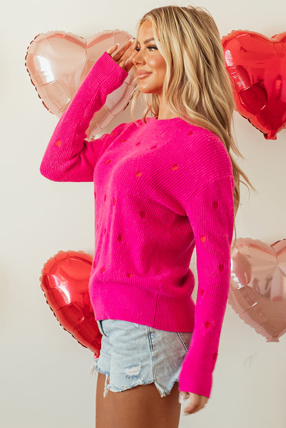 Heart Shape Drop Shoulder Round Neck Sweater | Rose Red