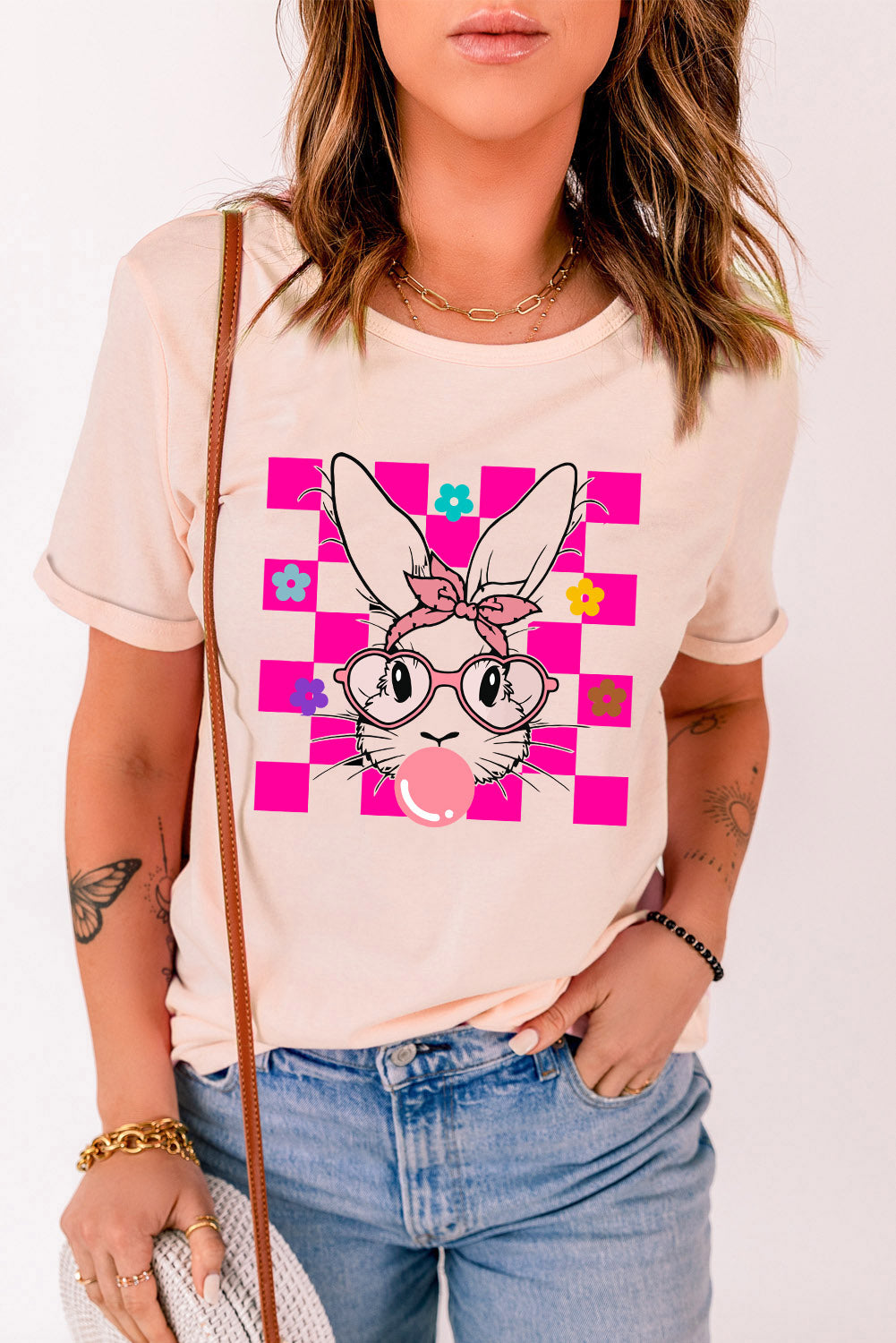 Easter Rabbit Checkered Flower Print O-Neck T Shirt | Pink