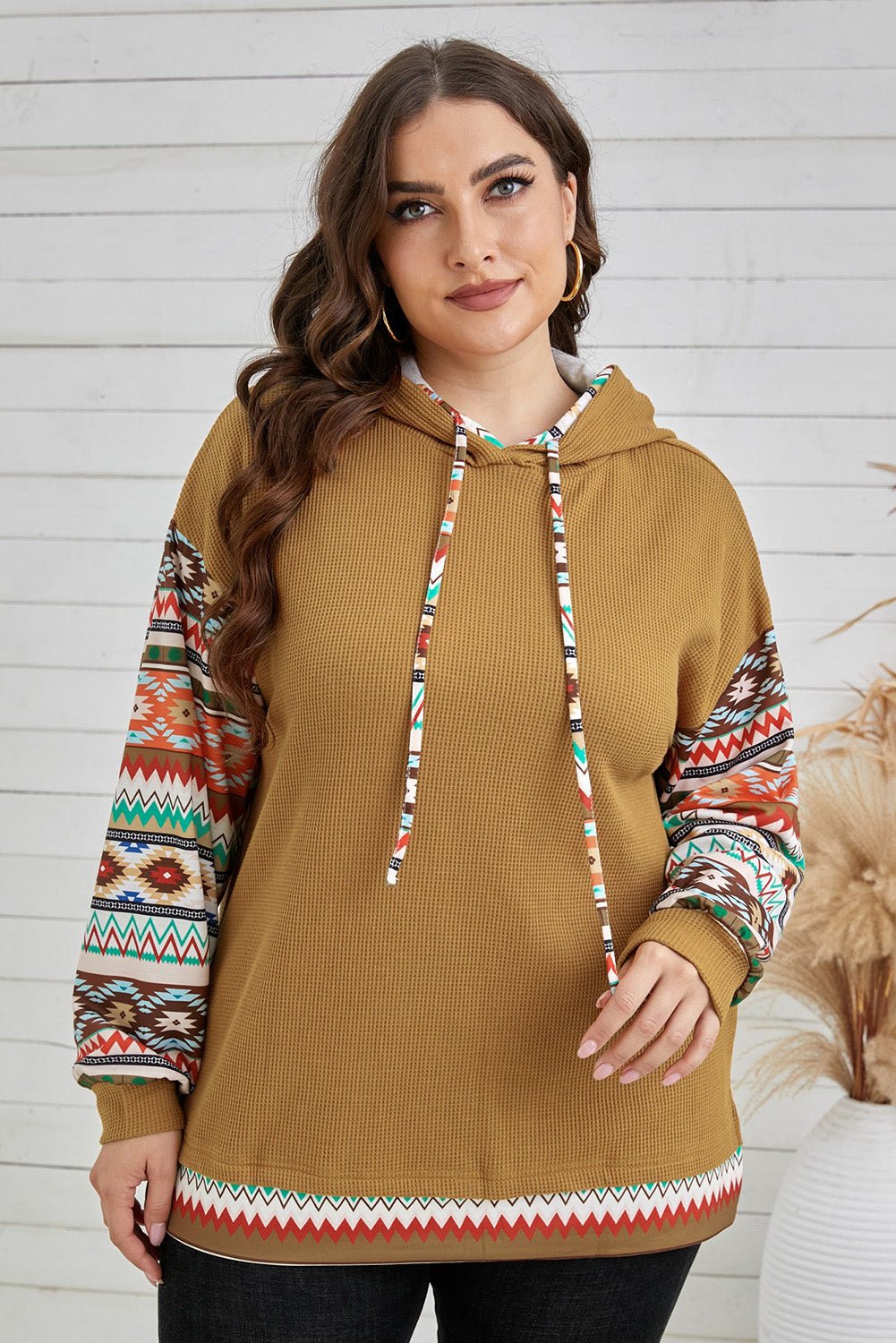 Texture Aztec Accent Plus Size Hoodie | Khaki