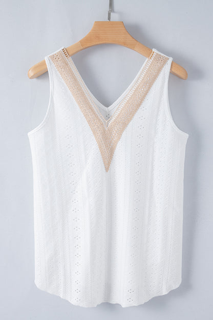 Lace Crochet Splicing V Neck Loose Fit Tank Top | White