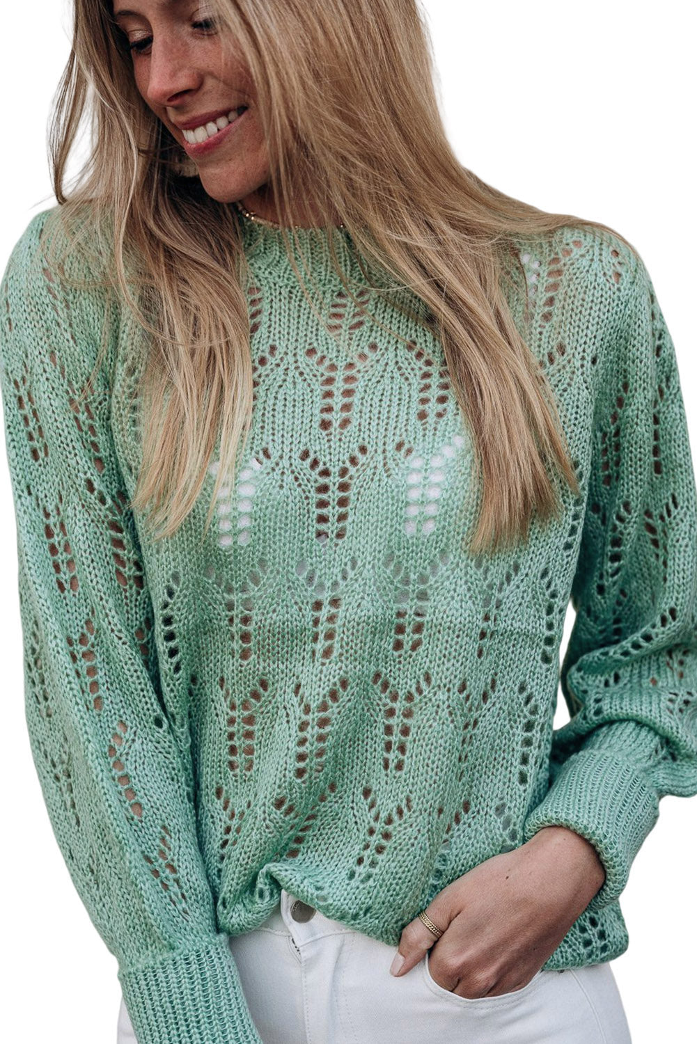 Sheer Knitted Pointelle Sweater | Green