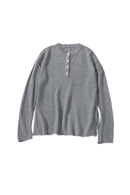 Henley Pullover Drop Shoulder Sweater With Slits | Gray