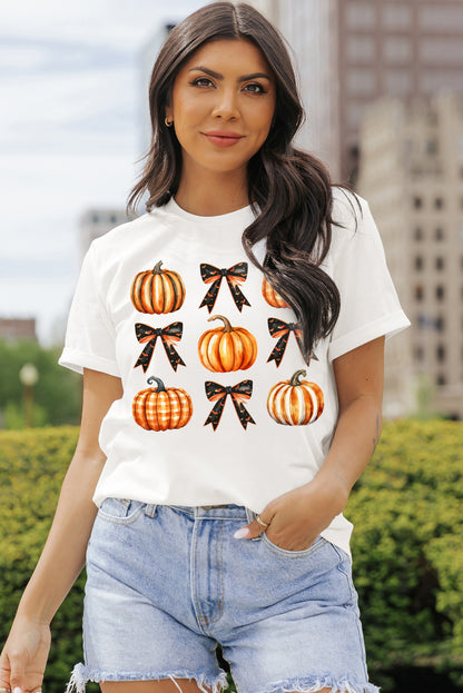 Halloween Pumpkin Bow Knot Print Crew Neck Tee | White