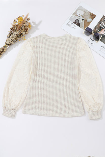 Sunflower Mesh Bubble Sleeve Waffle Knit Top | Beige