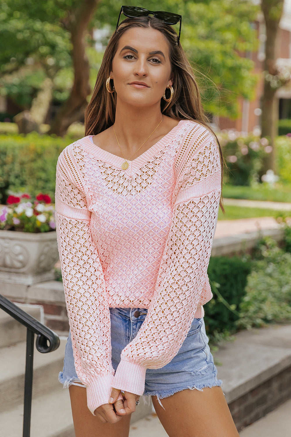 Loose Pointelle Knit Ribbed V Neck Sweater | Pink