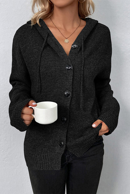 Drawstring Hooded Button Up Drop Shoulder Sweater Cardigan | Black