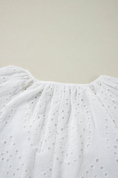 Eyelet Embroidered V Neck Puff Sleeve Blouse | White