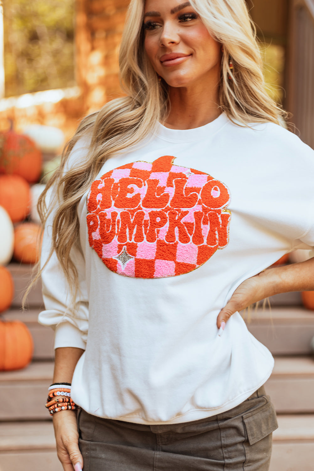 Terry Halloween Pumpkin Patched Pattern Pullover Sweatshirt | White