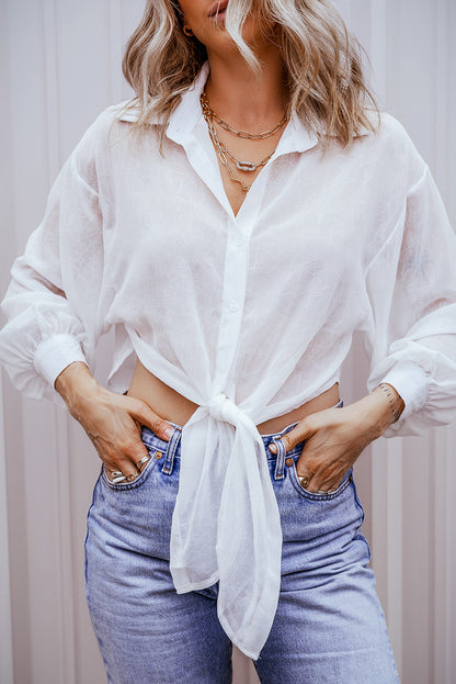 Solid Knotted Front Loose Fit Sheer Shirt | White