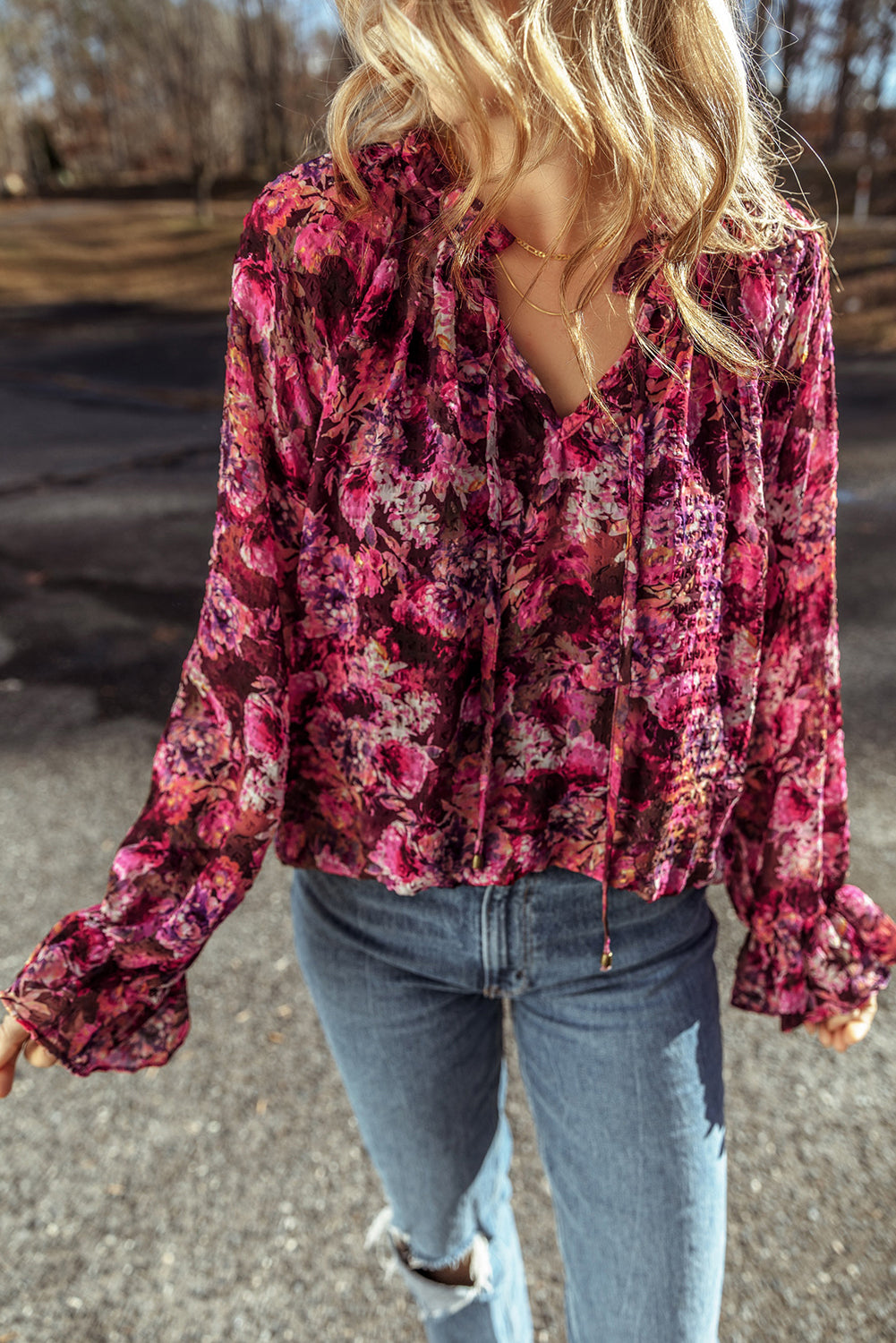 Floral Allover Print Drawstring Ruffled V Neck Loose Blouse | Rose Red